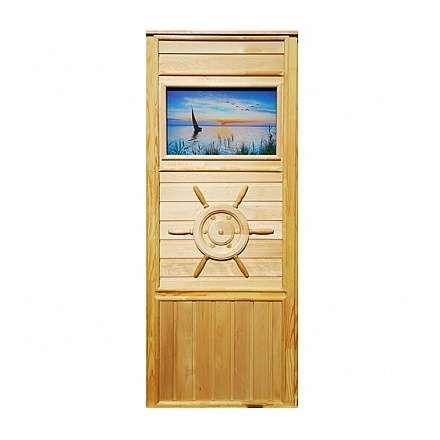 Дверь деревянная для бани DoorWood Штурвал 1840x740 со стеклом Парусник в Борисове