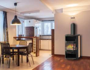 Недорогой стальной камин со стеклом Мета-Бел Ангара фото в интерьере в Борисове