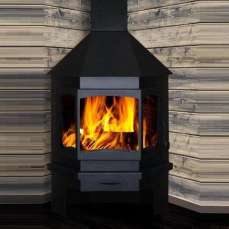 Стальной камин Бавария Мюнхен со стеклом угловой чёрный (без перемычки) фото в интерьере в Борисове