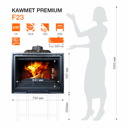 Каминная топка Kawmet Premium F23 (14 кВт) в Борисове