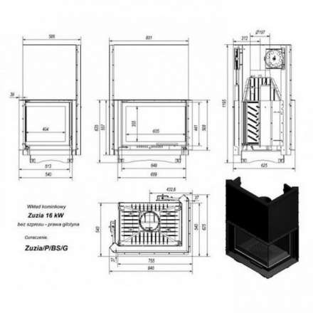 Каминная топка Kratki Zuzia/P/BS/G (угловое стекло справа,гильотина) в Борисове