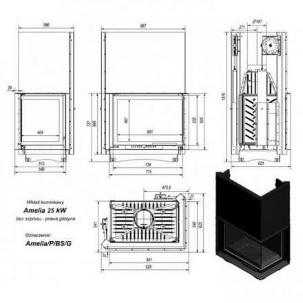 Каминная топка Kratki Amelia/P/BS/G (угловое стекло справа, гильотина) в Борисове